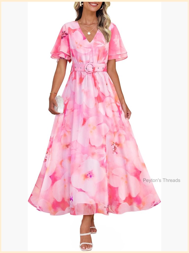 Women's Summer Floral V Neck Midi Dress Boho Short Sleeve High Waist Flowy